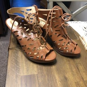 Brown open toe heels